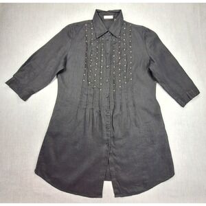 Marco Pecci Black 100% Linen Studded Pintuck Tunic Shirt Size 42 3/4 Sleeve